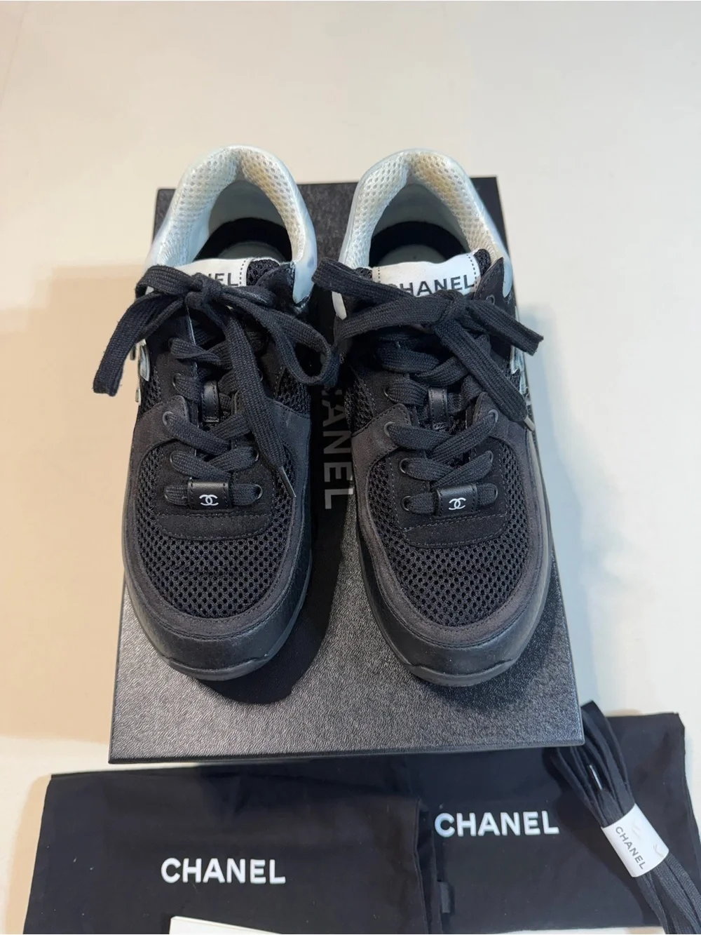 CHANEL Black Mesh & Leather Low-Top Sneakers